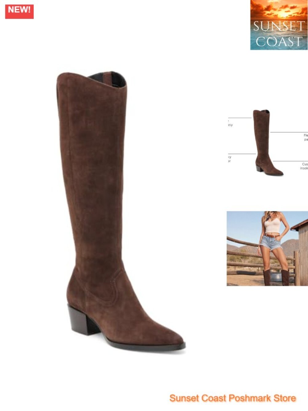 Faux Suede Knee High Boots Wide Calf Chunky Heel Pointed Toe Zip Boots